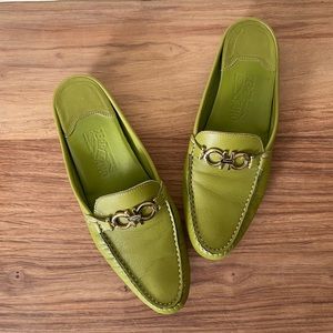 Green Salvatore Ferragamo slide loafers with gold detail